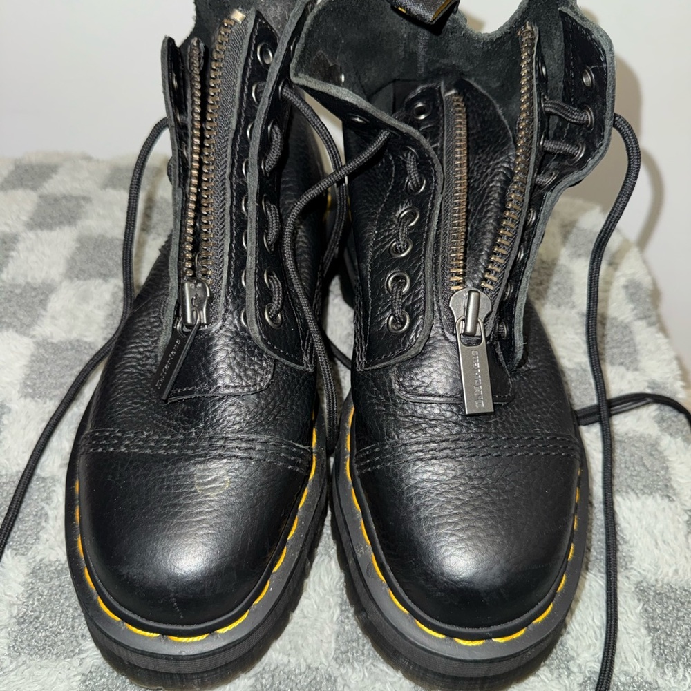 Dr. Martens Black Leather Zip-Front Combat Boots with Yellow Stitching